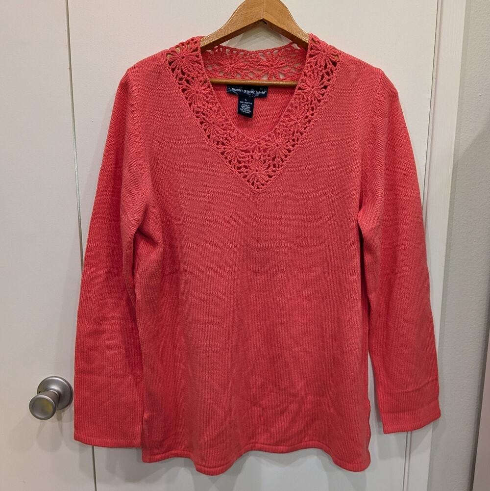 Susan Graver Style Coral Pink Crochet Lace V-Neck Knit Sweater Large